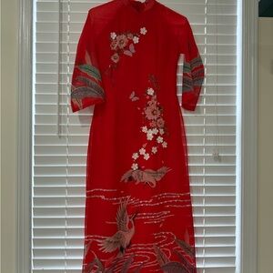 Vietnamese Traditional Cloth. AO DAI. Red Floral Ao Dai.